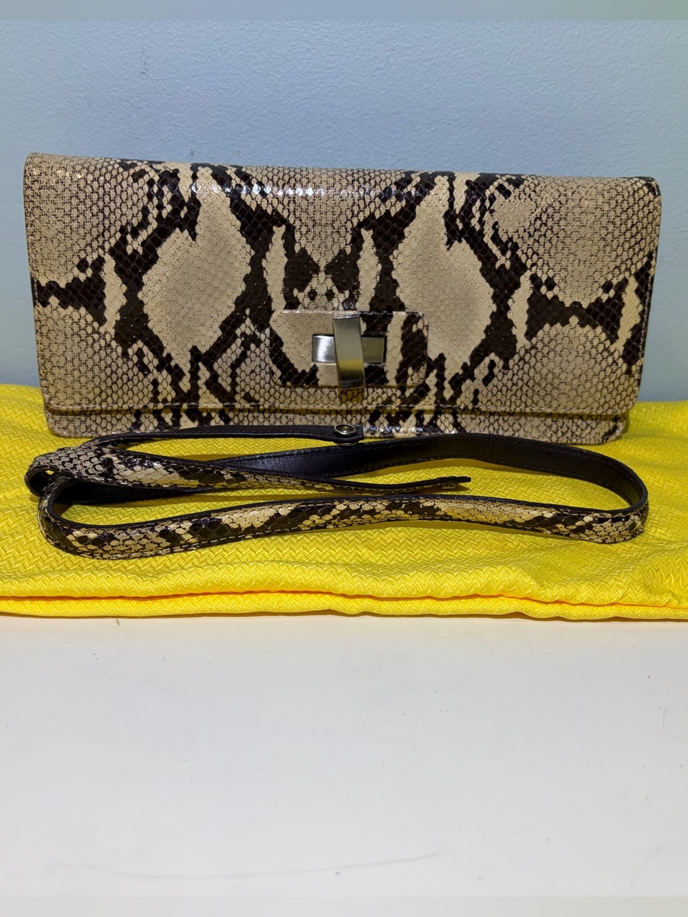 Donald J Pliner Snakeskin & Leather Clutch Cutch Removable Strap & Dust Cover